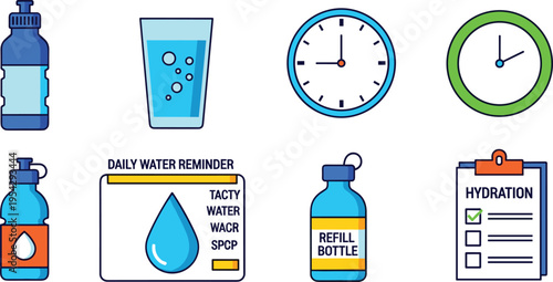 Water Intake and Hydration Reminder Icons Set with Bottle Glass Clock Checklist and Daily Tracking Vector Illustration for Health Fitness and Wellness Design