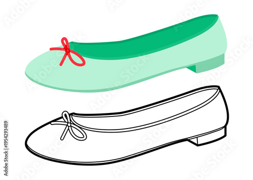 Green ballet flat shoe women flat plus line set. Bow detail classic round toe footwear for fashion print. Technical fashion illustration CAD mockup mixed vector man unisex isolated stylish style.