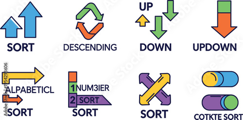 Sorting and Order Icons Set with Ascending Descending Alphabetical Numeric and Direction Arrows Vector Illustration for Data Organization and User Interface Design