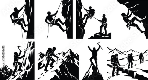 Rock Climbers and Mountaineers in Action with Ice Axes and Ropes in Black Silhouette Style