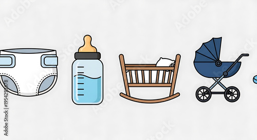 A set of baby care icons including a diaper, baby bottle, rocking chair, and stroller in a flat, minimalist design style.