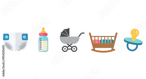 A set of colorful baby care icons including diapers, bottle, stroller, crib, and pacifier