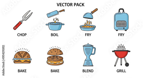 A colorful vector graphic illustration of various cooking icons and symbols for culinary and kitchen use