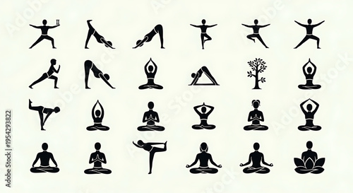 A set of black silhouette yoga icons on a white background, representing various poses and symbols for wellness and meditation.