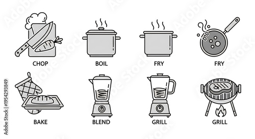 A set of kitchen icons illustrating various cooking methods and food preparation techniques