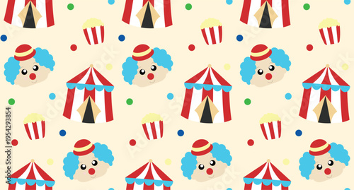 Cute Circus Seamless Pattern with Clown Faces, Big Top Tent and Popcorn — Kids Party Background