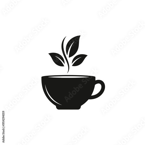 Black silhouette of a tea cup with steam and leaves.