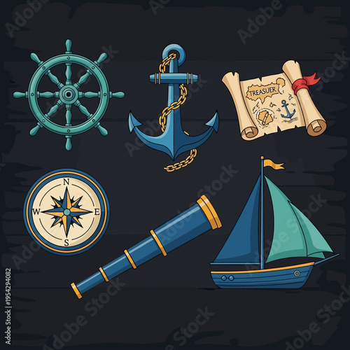 Nautical Adventure Set Featuring Ship Wheel Anchor Telescope Compass and Sailboat.