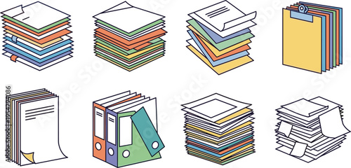 Paper Documents and File Stacks Icons Set with Folders Binders Clipboards and Organized Sheets Vector Illustration for Office Management and Documentation Design