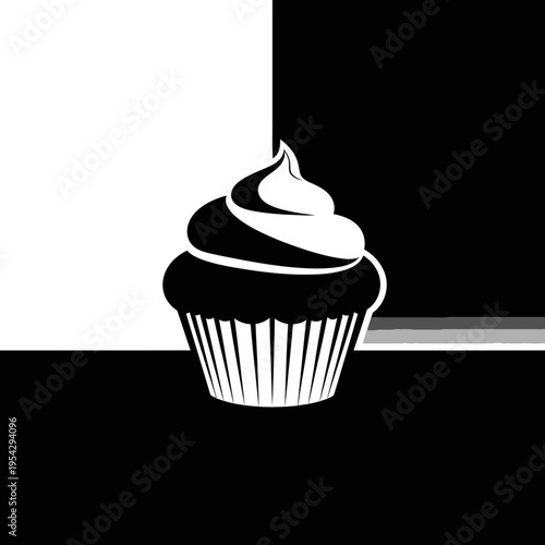 Stylized Black and White Cupcake Illustration with Swirled Frosting.