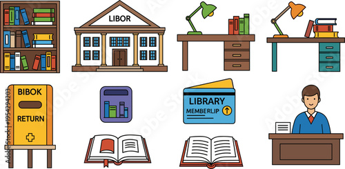 Library and Reading Icons Set with Bookshelves Librarian Desk Membership Card Study Table and Open Books Vector Illustration for Education and Knowledge Design