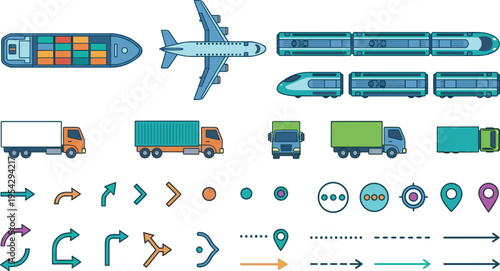 Transportation Icons Featuring Trucks, Ships, Airplanes, and Trains in Modern Flat Style