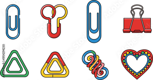 Paper Clips and Binder Clips Icon Set with Colorful Office Fasteners Triangle Clips and Decorative Shapes Vector Illustration for Stationery and Organization Design