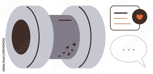 Social interaction, connection, online engagement, messaging platforms, communication tools, abstract. Speech bubble, heart symbol and a cylindrical shape. Social interaction and connection concept