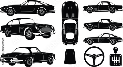 Vintage Car Silhouette with Detailed Components Including Steering Wheel and Gear Shift