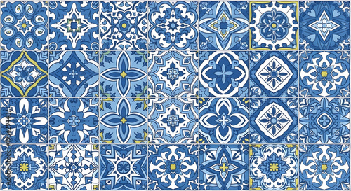 A vibrant collection of blue and white tiles with intricate floral patterns and designs
