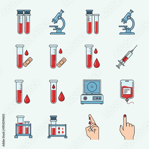 Blood Test and Medical Laboratory Equipment Icons Set.