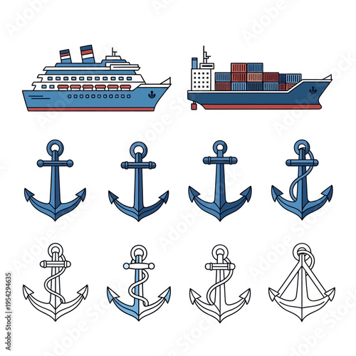 Collection of Ships and Anchors Vector Illustration.