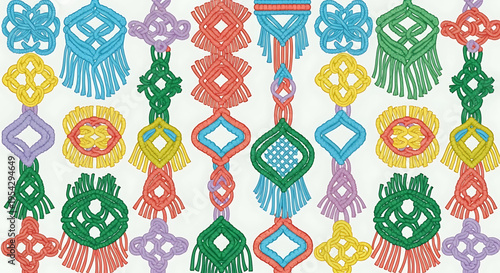 A vibrant collection of colorful woven tassels and geometric shapes in a repeating pattern, perfect for textile design or decorative elements.