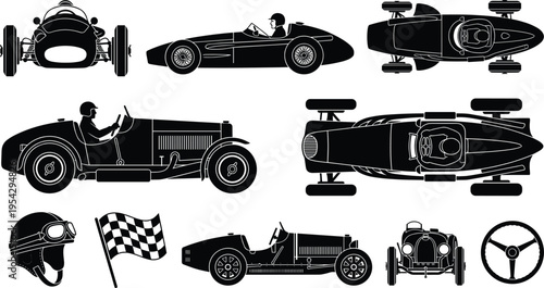 Vintage Racing Cars, Driver Helmets, and Checkered Flag in Black Silhouette Style