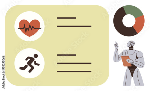 Health technology, fitness tracking, artificial intelligence, data analysis, medical advancement, robotics. Visual includes a robot pointing out a chart with health and fitness data. Health
