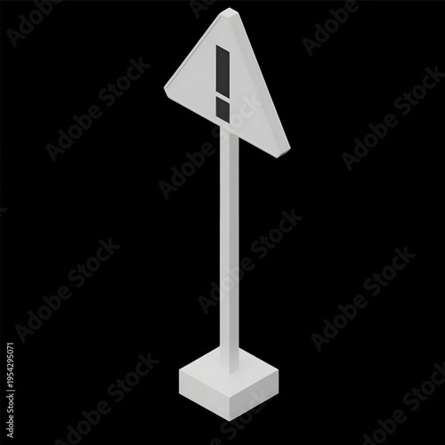White Exclamation Mark Road Sign Post isolated on black background.