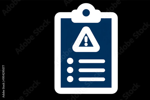Warning sign on a clipboard icon isolated on black background.