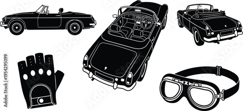Vintage Sports Cars, Driving Gloves, and Goggles in Black Silhouette Style on White Background
