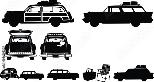 Vintage Station Wagons, Camping Gear, and Retro Cars in Black Silhouette Style