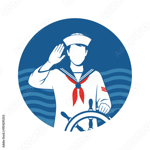 Sailor at the helm of a ship saluting.