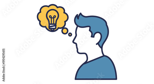 Man in profile with a thought bubble containing a glowing lightbulb illustration