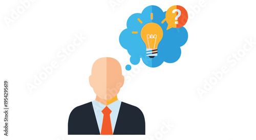 A man contemplates a bright idea represented by a glowing lightbulb and question mark