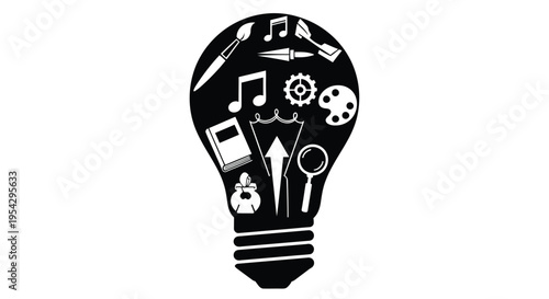 A black silhouette of a lightbulb filled with creative icons and symbols