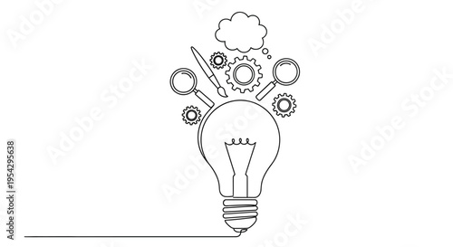 Line art illustration of a lightbulb surrounded by tools and gears
