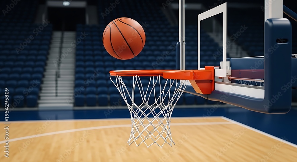 Naklejka premium Basketball dropping into hoop in an empty sports arena