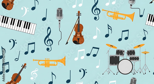 A colorful vector graphic illustration of various musical instruments and notes on a light blue background