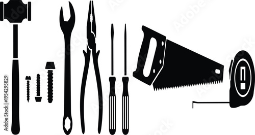 Black Silhouettes of Hand Tools Set Including Hammer Saw Pliers Screwdriver Wrench and Tape Measure for Carpentry Woodworking Home Improvement DIY Projects and Construction Maintenance Graphics