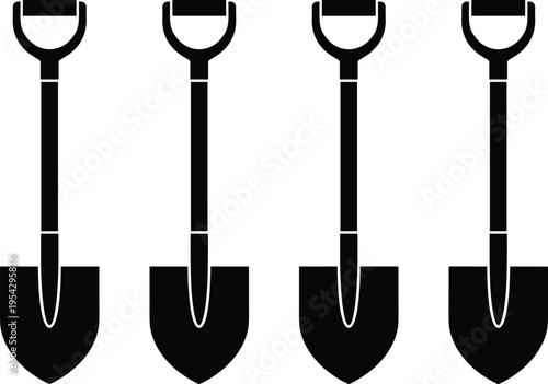 Black silhouette shovel icons set isolated on white background, construction digging tool collection, minimal vector illustration for gardening, excavation and landscaping design