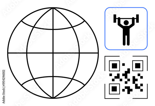 Global communication, technology, fitness apps, health tracking, digital information, innovation. Globe, QR code weightlifting icon. Global communication and technology concept