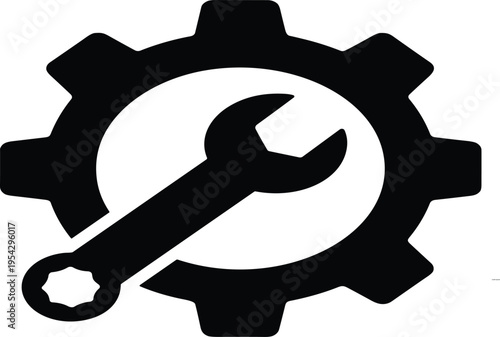 Black Industrial Gear and Wrench Silhouette Icon Representing Mechanical Repair Maintenance Service Engineering Support and Technical Workshop Tools for Business Logo and Web Design Graphics
