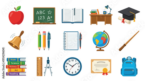 A vibrant collection of school supplies and educational tools arranged in a grid, showcasing learning and academic achievement.