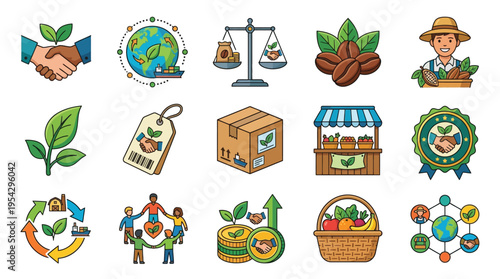A vibrant collection of icons representing sustainable agriculture, ethical farming practices, and the global impact of eco-friendly food production.