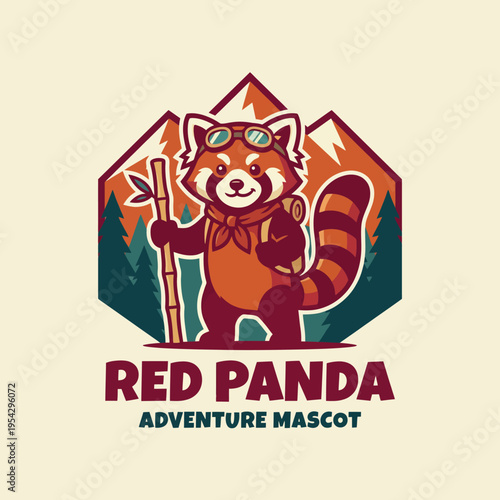 Fotografía An adventurous logo featuring a cute red panda with gear, perfect for outdoor brands or mascots, blending whimsy with a spirit of exploration in a vibrant style