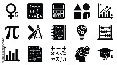 A collection of black and white icons representing various mathematical concepts, tools, and symbols, including equations, calculators, geometric shapes, and graphs.