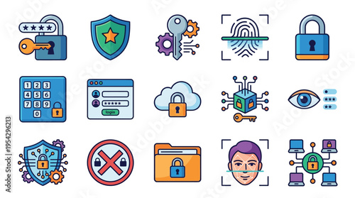 Collection of cybersecurity and data protection icons, illustrating concepts like passwords, encryption, biometrics, and network security.