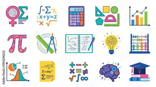 A vibrant collection of mathematical and scientific icons, illustrating concepts from algebra and geometry to statistics and abstract thought.