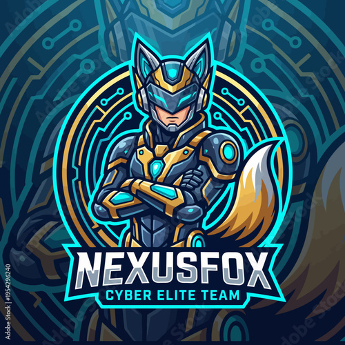This dynamic image showcases a futuristic fox character, symbolizing agility and technological excellence, for the Nexusfox cyber elite team in an engaging design full of energy.
