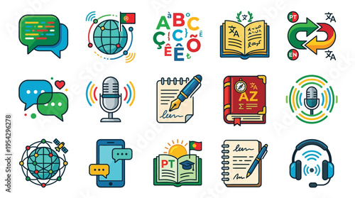 Collection of colorful flat icons representing language learning, translation, and communication services.