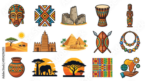 A vibrant collection of African cultural icons, including masks, patterns, instruments, and landmarks, set against desert and savanna landscapes.