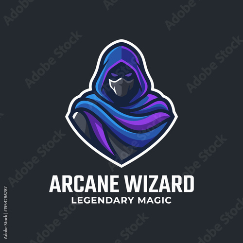 A captivating logo of an arcane wizard with a hood, representing magical themes and mystical adventures, ideal for gaming, entertainment, or fantasy-themed brands.